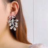Sparkling Bow & Pearl Drop Earrings - Zircon Embellished Bridal & Wedding Jewelry